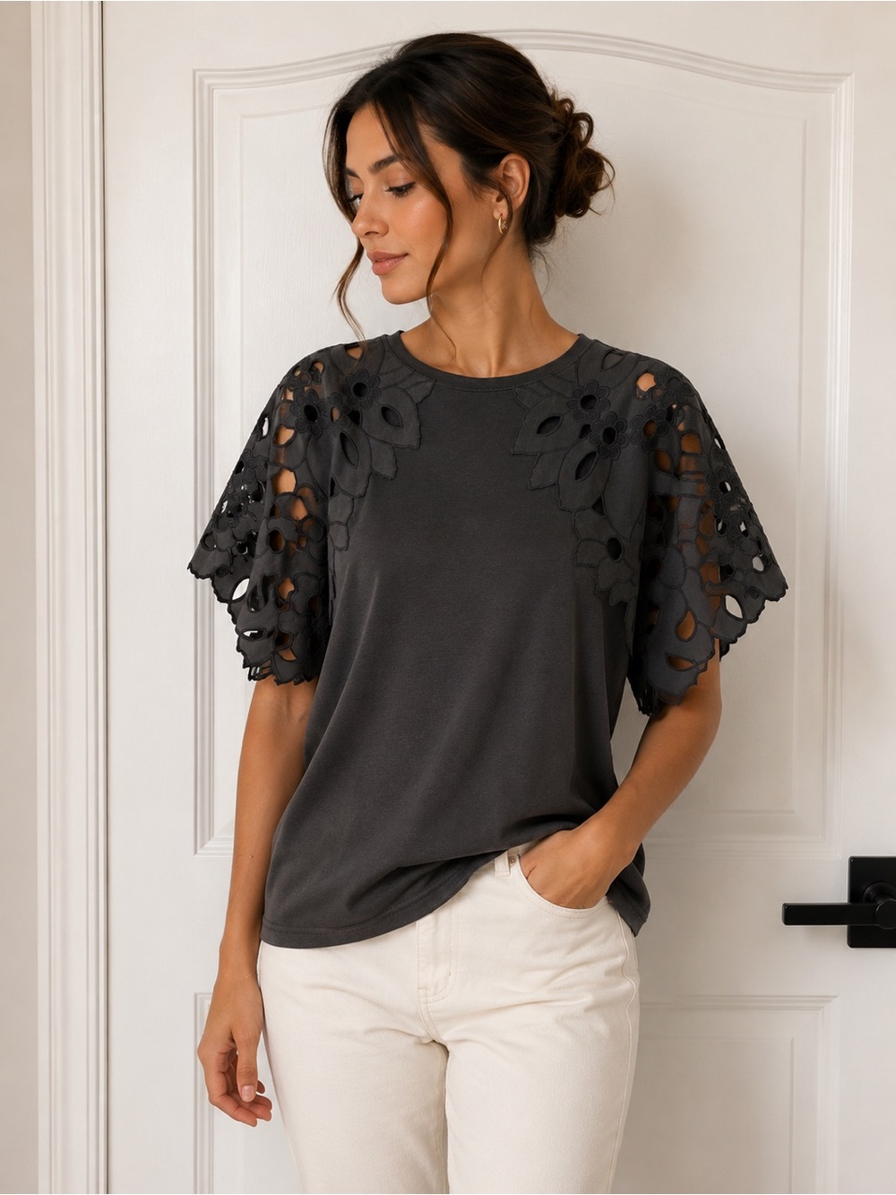 Women's Charcoal Lace Flutter Sleeve Crewneck Tee